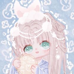  1girl animal_ears aqua_eyes aqua_pupils beads blue_background bow-shaped_hair brown_hair chibi chinese_commentary circlet commentary_request crescent crescent_hair_ornament dotted_line double_bun earrings extra_ears eyes_visible_through_hair faint_moon_dew_(shining_nikki) frilled_sleeves frills hair_beads hair_bun hair_ornament hand_fan happy holding holding_fan jewelry light_blush long_hair long_sleeves nikki_(series) open_mouth parted_bangs pom_pom_(clothes) pom_pom_hair_ornament purple_hanfu rabbit_background rabbit_ears rabbit_girl rabbit_hair_ornament shining_nikki sleeves_past_wrists smile solo sphere_earrings straight_hair tareme tuanshan very_long_hair watermark weibo_watermark wide_sleeves ziran_w 