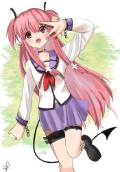  1girl :d angel_beats! arm_up black_boots black_choker black_ribbon blue_sailor_collar blue_skirt blush boots choker commentary_request demon_tail dutch_angle eyes_visible_through_hair fang foot_out_of_frame green_background hair_between_eyes hair_ribbon happy highres long_hair long_sleeves looking_at_viewer miniskirt neckerchief open_mouth pink_hair pleated_skirt red_eyes red_neckerchief ribbon sailor_collar sailor_shirt shinda_sekai_sensen_uniform shirt signature simple_background skirt smile solo standing standing_on_one_leg straight_hair t_kutkut tail tareme teeth thigh_strap two-tone_background two_side_up upper_teeth_only v v_over_eye very_long_hair white_background white_shirt yui_(angel_beats!) 