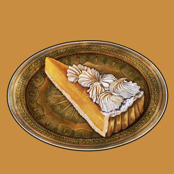  absurdres art_neverath food food_focus highres no_humans orange_background original pie pie_slice plate procreate_(medium) pumpkin_pie simple_background whipped_cream 