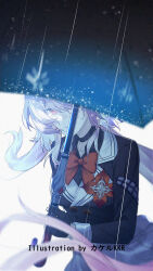  1girl alternate_costume artist_name black_choker black_gloves black_jacket bow bowtie chinese_commentary choker closed_mouth commentary_request evernight_(honkai:_star_rail) floating_hair gloves hair_over_one_eye holding holding_umbrella honkai:_star_rail honkai_(series) jacket long_hair long_sleeves march_7th_(honkai:_star_rail) pink_hair rain red_bow red_bowtie school_uniform skirt smile srpzk umbrella very_long_hair 
