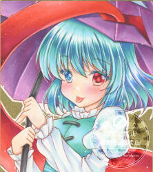  1girl :p blue_eyes blue_hair blue_vest blush breasts commentary heterochromia highres holding holding_umbrella juliet_sleeves karakasa_obake large_breasts long_sleeves looking_at_viewer medium_hair nekofish666 puffy_sleeves purple_umbrella red_eyes shirt smile solo tatara_kogasa tongue tongue_out touhou traditional_media umbrella upper_body vest watermark white_shirt 