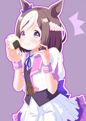  1girl animal_ears blush bow braid brown_hair closed_mouth collared_shirt commentary_request ear_bow ear_ribbon eating food half_up_braid holding horse_ears horse_girl jacket multicolored_hair onigiri purple_bow purple_ribbon purple_vest ribbon shirt short_hair short_sleeves skirt special_week_(special_dreamer)_(umamusume) special_week_(umamusume) two-tone_hair umamusume vest violet_eyes white_hair white_shirt white_skirt wristband yoshiharu_izumi 