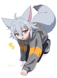  1girl ahoge all_fours animal_ear_fluff animal_ears black_pantyhose commentary extra_ears fox_ears fox_girl fox_tail grey_hoodie hair_between_eyes hair_ornament hairclip highres hood hoodie long_sleeves looking_at_viewer minowa_sukyaru miwa_kitsune-chan notice_lines open_mouth original pantyhose red_eyes shadow shoes short_hair simple_background sleeves_past_wrists sneakers solo tail twitter_username untranslatable_commentary white_background 