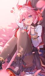  1girl absurdres animal_ears asymmetrical_gloves black_boots black_gloves black_pantyhose bolinger boots bow bowtie chinese_commentary commentary_request evanescia_(honkai:_star_rail) falling_petals flower fox_ears fox_girl gloves hair_bow hair_flower hair_ornament half_gloves hand_up hands_up highres honkai:_star_rail honkai_(series) knees_up long_sleeves looking_at_viewer mismatched_gloves open_mouth outdoors pantyhose partially_fingerless_gloves petals pink_hair red_bow red_bowtie short_hair sitting smile solo teeth upper_teeth_only white_gloves 