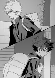  2boys absurdres backpack bag bakugou_katsuki boku_no_hero_academia bush buttoned_cuffs buttons collared_shirt commentary_request crosshatching freckles from_side gakuran greyscale hand_up hatching_(texture) hedge high_collar highres hunched_over jacket jitome linear_hatching long_sleeves looking_at_viewer looking_to_the_side male_focus messy_hair midoriya_izuku monochrome mori_dosukoi multiple_boys open_collar outdoors parted_lips partial_commentary profile school_bag school_uniform shirt short_hair shoulder_bag sideways_glance sideways_mouth spiky_hair split_screen tile_wall tiles upper_body utility_pole zipper_pull_tab 