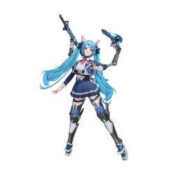  1girl black_bow blue_eyes blue_hair blue_jacket blue_skirt bow collared_shirt cyborg extra_arms gun hair_ornament hairclip highres hikari_(starward) jacket long_hair long_sleeves looking_at_viewer mecha_musume mechanical_arms mechanical_legs mechanical_tail necktie official_art open_clothes open_jacket parted_lips pink_necktie pleated_skirt prosthesis school_uniform science_fiction shirt simple_background single_mechanical_arm skirt smile solo starward tail thigh-highs transparent_background twintails very_long_hair weapon white_shirt 