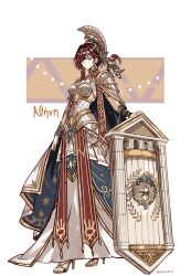  1girl absurdres ancient_greek_clothes animal_on_shoulder architecture armor athena_(mythology) bird bird_on_shoulder corinthian_helmet gold_sandals greco-roman_architecture greco-roman_clothes greek_armor greek_helmet greek_mythology hand_on_shield high_heel_sandals high_heels highres laurel_crown medusa_(mythology) owl red_hair sandals shield yochi_gmn 
