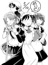  :d \\// absurdres apron blunt_bangs blush braid commentary_request dated frown fujii_ayame futsuu_no_keion-bu hair_ornament hair_ribbon hairpin hatono_chihiro heartbreak_(futsuu_no_keion-bu) highres holding holding_paper kouyama_rin light_blush looking_at_viewer maid maid_apron maid_headdress medium_hair middle_finger monochrome paper parted_bangs pixie_cut ribbon smile speech_bubble twin_braids uchida_momo user_hnnc3443 wolf_cut 