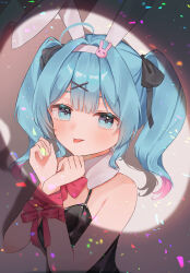  1girl absurdres animal_ears aqua_eyes aqua_hair armpit_crease black_leotard blush bound bound_wrists bow breasts commentary_request detached_collar fake_animal_ears fingernails hair_between_eyes hair_intakes hair_ornament hatsune_miku highres leotard long_hair looking_at_viewer medium_breasts mokoinu_(pixiv_27216243) open_mouth pink_bow pink_nails playboy_bunny rabbit_hole_(vocaloid) smile solo symbol_in_eye tongue tongue_out twintails vocaloid x_hair_ornament 