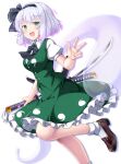  aka_tawashi black_bow black_bowtie black_footwear black_hairband black_ribbon bob_cut bow bow_hairband bowtie ghost green_eyes green_skirt green_vest hair_ribbon hairband highres hitodama hitodama_print katana konpaku_youmu konpaku_youmu_(ghost) mary_janes puffy_short_sleeves puffy_sleeves ribbon scabbard sheath shirt shoes short_hair short_sleeves skirt skirt_set sword touhou vest weapon white_hair white_shirt 