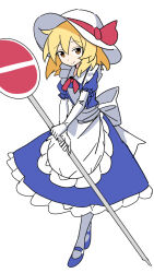  1girl apron back_bow blonde_hair blue_dress blue_shoes bow brown_eyes commentary_request dress e.o. elbow_gloves frilled_apron frilled_dress frills full_body gloves hat holding holding_road_sign kana_anaberal no_entry_sign pantyhose puffy_short_sleeves puffy_sleeves road_sign shoes short_sleeves sign simple_background smile solo sun_hat touhou touhou_(pc-98) white_apron white_background white_bow white_gloves white_hat white_pantyhose 