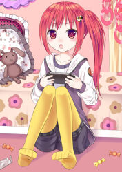  1girl bed bedside candy candy_wrapper commentary_request floral_print food frilled_pillow frills hair_ornament handheld_game_console heart heart_hair_ornament long_hair no_shoes original pantyhose photoshop_(medium) pillow playing_games playing_video_games playstation_vita red_eyes red_hair revision shorts side_ponytail sitting solo tukino_neru wrapped_candy yellow_pantyhose 