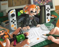  .52_gal_(splatoon) 1girl 1other absurdres blueprint_(object) cellphone commentary commission drawing_(action) eraser fangs grey_eyes highres holding holding_pencil holding_toy indoors inkling inkling_girl inkling_player_character jellyfish_(splatoon) looking_at_viewer miko_(15476997) nintendo_switch open_mouth orange_hair pencil phone photo_(object) pointy_ears pov pov_hands short_eyebrows short_hair smartphone smile splatoon_(series) sticker tentacle_hair thick_eyebrows through_medium through_screen toy twintails untranslatable_commentary watermark 