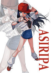  1girl absurdres asirpa baseball baseball_cap baseball_jersey black_hair blue_eyes commentary_request dakkeojyeo18333 flat_chest golden_kamuy hat highres jersey korean_commentary long_hair short_shorts shorts simple_background white_background 