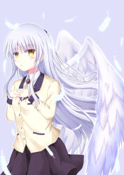  1girl absurdres angel angel_beats! angel_wings black_skirt blush collared_shirt commentary_request cowboy_shot eyes_visible_through_hair feathers floating_hair grey_background grey_hair hair_between_eyes hands_up highres jacket long_hair long_sleeves looking_at_viewer miniskirt neck_ribbon outline parted_lips pleated_skirt ponytail ribbon school_uniform sekibaracheice shirt short_ponytail sidelocks simple_background skirt solo tachibana_kanade very_long_hair white_feathers white_outline white_shirt wings yellow_eyes yellow_jacket yellow_ribbon 