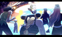  3girls 5boys armband baseball_cap belt birthmark black_hair black_pants black_robe blonde_hair braid braided_base braided_ponytail brown_hair bun_with_braided_base cassock chain clenched_hand commentary double_bun dreadlocks emporio_alnino english_commentary enrico_pucci enrico_pucci_(new_moon) ermes_costello father_and_child father_and_daughter foo_fighters_(jojo) from_behind green_vest hair_bun hat high_collar highres jj_fgo48 joestar_birthmark jojo_no_kimyou_na_bouken kujo_jolyne kujo_jotaro letterboxed long_hair made_in_heaven_(stand) multiple_boys multiple_girls narciso_anasui orange_armband pants parent_and_child pink_hair purple_hair purple_hat robe short_hair sky spider_web_print spirit star_(sky) star_(symbol) starry_sky stone_ocean vest weather_report white_belt white_hair 