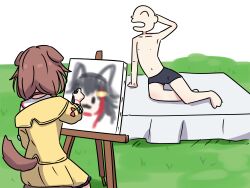  1girl 1other animal_ears brown_hair commentary_request dog_ears dog_girl dog_tail draw_me_like_one_of_your_french_girls_(meme) grass highres hololive inugami_korone inugami_korone_(1st_costume) jacket listener_(inugami_korone) medium_hair meme morotade_kudou on_bed ookami_mio solo tail virtual_youtuber yellow_jacket 