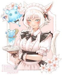  1girl animal_ears apron aqua_eyes archon_mark black_bow black_bowtie black_corset black_dress black_ribbon border bow bowtie breasts cat_ears cat_girl cat_tail center_frills closed_mouth commentary_request corset cowboy_shot creature dress elemental_(creature) enmaided facial_mark final_fantasy final_fantasy_xiv food frilled_wrist_cuffs frills hair_ornament hair_ribbon heart heart_hair_ornament highres holding holding_plate ice_cream looking_at_viewer maid maid_headdress medium_breasts miqo'te neck_tattoo nixie_(ff14) pink_background plate puffy_short_sleeves puffy_sleeves ribbon shirt short_sleeves sidelocks smile sundae tail tail_raised tattoo twitter_username waist_apron water_elemental watermark whisker_markings white_apron white_border white_hair white_shirt white_wrist_cuffs wrist_cuffs y'shtola_rhul yue_limsa 