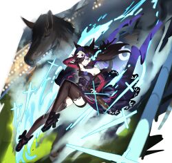  1girl absurdres animal_ears bare_shoulders black_shoes black_thighhighs blue_dress blue_flower blue_hat blue_rose breasts brown_hair brown_horse closed_mouth commentary creature_and_personification dagger dress eye_trail flipped_hair flower frown fur_choker hair_over_one_eye hat hat_flower highres horse horse_ears horse_girl horse_tail knife light_trail long_hair long_sleeves medium_breasts off-shoulder_dress off_shoulder personification real_life rice_shower_(racehorse) rice_shower_(rosy_dreams)_(umamusume) rice_shower_(umamusume) rose sheath sheathed shoes spindrift tail thigh-highs thighs tilted_headwear umamusume violet_eyes weapon 