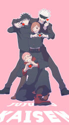  1girl 3boys absurdres black_hair black_jacket black_pants black_shoes blindfold brown_hair brown_shoes commentary_request copyright_name finger_heart four-finger_heart_hands fushiguro_megumi gojo_satoru half-heart_hands heart heart_hands high_collar highres hood hood_down itadori_yuji jacket jujutsu_kaisen kugisaki_nobara medium_hair multiple_boys on_one_knee pants pink_hair red_hood red_shoes school_uniform shoes short_hair sneakers user_atst4853 white_hair 