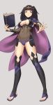  1girl absurdres black_eyes black_hair black_thighhighs book breasts cape cosplay fire_emblem fire_emblem_awakening floating_cape highres holding holding_book holding_weapon igni_tion large_breasts long_hair looking_at_viewer ophelia_(fire_emblem) ophelia_(fire_emblem)_(cosplay) tharja_(fire_emblem) thigh-highs tiara toeless_footwear toeless_legwear weapon 