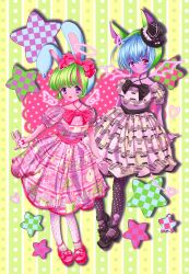  2girls absurdres animal_ears animal_hood artist_request black_pantyhose black_shoes blobby_(sillypoo) blue_hair blue_hood blush bow bowtie bridie_(sillypoo) colored_skin commentary detached_hood dotted_background drawn_halo drawn_horns drawn_tail drawn_wings dress drop_shadow english_commentary food_print full_body green_background green_hair green_hood hair_bow halo hat highres hood looking_at_viewer multiple_girls original pantyhose pink_bow pink_bowtie pink_dress pink_shoes pink_skin polka_dot polka_dot_pantyhose print_dress print_pantyhose puffy_short_sleeves puffy_sleeves rabbit_ears rabbit_hood red_bow red_bowtie red_eyes second-party_source shoes short_hair short_sleeves smile standing star_(symbol) striped_background top_hat vertical-striped_background violet_eyes white_pantyhose yellow_background 