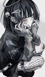  1girl arm_warmers belt black_belt black_hair black_shirt blunt_bangs closed_mouth clothes_writing fingernails fishnet_pantyhose fishnets from_above from_side grey_arm_warmers hair_between_eyes hair_ornament hairclip halo highres in-ear_earphones jagged_sclera jewelry long_fingernails medium_hair original pantyhose ring satoinu111 shirt simple_background skull_charm solo squatting thigh_belt thigh_strap torn_clothes torn_pantyhose white_nails yellow_eyes 