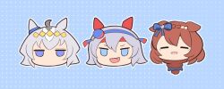  3girls :d ahoge animal_ears blue_background blue_eyes blue_hairband brown_hair chibi chibi_only closed_eyes commentary_request double-parted_bangs fang gomashio_(goma_feet) grey_hair hairband head_only headband horse_ears horse_girl jitome kantan_creek long_hair multiple_girls no_mouth oguri_cap_(umamusume) open_mouth outline polka_dot polka_dot_background red_headband short_hair smile super_creek_(umamusume) tamamo_cross_(umamusume) tears umamusume white_outline 