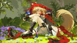  1girl absurdres animal_ears arknights arknights:_endfield black_gloves blonde_hair boots commentary fingerless_gloves flower gloves highres holding hood nature outdoors rossi_(arknights) sitting solo tail thigh_strap untranslatable_commentary wolf_ears wolf_girl wolf_tail ysrinmi 