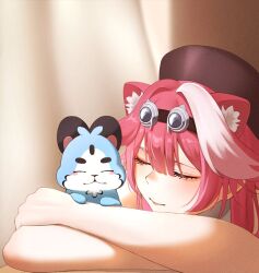  1girl animal_ears beret black_hat center-flap_bangs chattino_(raora_panthera) closed_mouth commentary crossed_arms double-parted_bangs goggles goggles_on_head hat hazeillusts hololive hololive_english long_hair multicolored_hair panther_ears panther_girl pink_hair raora_panthera raora_panthera_(1st_costume) single_hair_streak sleeping solo streaked_hair untranslatable_commentary virtual_youtuber white_streaks 