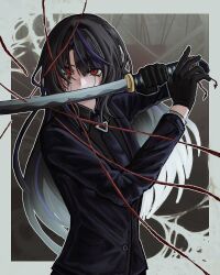  1girl absurdres black_gloves black_hair black_jacket black_necktie black_shirt blood blood_from_eyes border collared_shirt covered_mouth fighting_stance gloves highres holding holding_sword holding_weapon jacket katana limbus_company long_hair long_sleeves looking_at_viewer multicolored_hair myeongwora necktie outside_border ox_guard pinky_(identity)_(project_moon) project_moon purple_streaks red_eyes ryoshu_(project_moon) shirt silk solo spider_web streaked_hair string string_of_fate suit_jacket sword upper_body weapon 