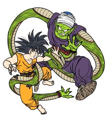  2boys antenna_hair black_sash colored_skin dragon_ball dragon_ball_(classic) fenyon full_body goku_day green_skin highres long_arms male_focus multiple_boys orange_pants orange_shirt pants piccolo piccolo_day pointy_ears purple_pants purple_shirt red_sash sash shirt simple_background son_goku white_background 