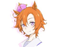  1girl animal_ear_piercing animal_ears asagi501 closed_mouth commentary_request crown double-parted_bangs drop_shadow hair_between_eyes horse_ears horse_girl light_smile looking_at_viewer messy_hair orange_hair portrait school_uniform shirt short_hair simple_background solo split_mouth t.m._opera_o_(umamusume) tracen_school_uniform umamusume violet_eyes white_background white_shirt 
