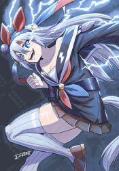  1girl animal_ears black_sailor_collar black_serafuku black_shirt black_skirt blue_eyes blue_hairband blue_neckerchief brown_shoes commentary_request ear_covers electricity eye_trail fang grey_hair grey_tail grey_thighhighs hair_between_eyes hairband headband highres horse_ears horse_girl horse_tail light_trail lightning_bolt_print long_hair long_sleeves maki_yoshitake multicolored_hairband multicolored_neckerchief neckerchief open_mouth prototype_design red_headband red_neckerchief sailor_collar school_uniform serafuku shirt shoes skirt smile striped_clothes striped_hairband tail tamamo_cross_(umamusume) teeth thigh-highs thighs two-tone_hairband umamusume very_long_hair 