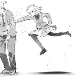  1boy 1girl ^^^ bow bowtie closed_mouth commentary_request expressionless expressionless_kouhai_(kato_takuji) greyscale highres jumping kato_takuji long_sleeves monochrome motion_blur original pantyhose punching school_uniform shoes short_hair skirt standing 