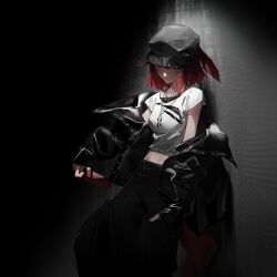  1girl against_wall alternate_costume arknights black_hat black_jacket black_pants breasts crownslayer_(arknights) dark flat_cap floppy_ears hat highres hyena_ears hyena_girl hyena_tail jacket jewelry looking_at_viewer medium_breasts midriff multiple_necklaces necklace off_shoulder open_clothes open_jacket pants red_hair reunion_logo_(arknights) shirt short_hair sleeves_past_wrists solo t-shirt torn_clothes torn_shirt zhili_xingzou 