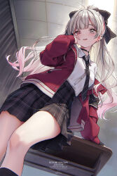  1girl ahoge arm_support armband artist_name black_armband black_bow black_choker black_necktie black_skirt blush bow breast_pocket breasts ceiling character_name choker chromatic_aberration collared_shirt commentary_request copyright_name dated desk diagonal-striped_clothes diagonal-striped_necktie dutch_angle ear_piercing eyelashes feet_out_of_frame finger_to_cheek from_below gradient_hair grey_eyes grey_hair hair_bow halftone hand_up heterochromia highres indoors ishigami_nozomi ishigami_nozomi_(school_uniform) jacket jewelry kuro-kun_(nablack) lips long_hair looking_at_viewer looking_down miniskirt multicolored_hair multiple_piercings necktie nijisanji open_clothes open_jacket open_mouth pendant piercing pink_hair plaid_clothes plaid_skirt pleated_skirt pocket ponytail red_jacket school_desk shirt shirt_tucked_in single_off_shoulder skirt sleeves_past_wrists small_breasts solo spiked_ear_piercing streaked_hair striped_clothes striped_necktie tile_ceiling tiles violet_eyes virtual_youtuber web_address white_shirt 