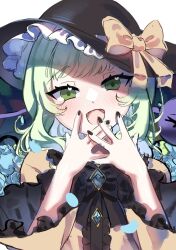  1girl black_bow black_bowtie black_hat black_nails blue_flower blue_petals blue_rose blush bow bowtie buttons commentary diamond_button disembodied_linked_eye eyeball falling_petals flower frilled_sleeves frills green_eyes green_hair hat hat_bow heart heart_in_eye highres komeiji_koishi korotrishia long_sleeves looking_at_viewer open_mouth petals rose shirt smile solo symbol_in_eye touhou yellow_bow yellow_shirt 