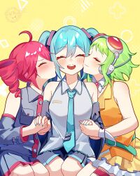 3girls ahoge aqua_hair aqua_nails aqua_necktie aqua_trim bare_shoulders belt black_skirt black_sleeves breast_pocket closed_eyes collared_shirt commentary_request detached_sleeves double-parted_bangs double_cheek_kiss drill_hair fingernails frilled_skirt frills goggles goggles_on_head green_belt green_hair grey_shirt grey_skirt gumi hair_between_eyes hair_ornament hatsune_miku highres kasane_teto kiss kissing_cheek long_hair_between_eyes miniskirt multiple_girls nail_polish necktie open_mouth orange_shirt orange_skirt pocket red_hair red_trim shasakiii shirt skirt sleeveless sleeveless_shirt teeth tie_clip twin_drills twintails upper_teeth_only utau vocaloid wrist_cuffs yellow_background yuri
