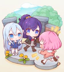  3girls :d ^_^ asahina_mafuyu black_cardigan black_pantyhose blue_eyes blue_hair blue_jacket blue_shoes blue_shorts blush brick_wall brown_shoes cardigan chibi chibi_only closed_eyes closed_mouth clouds commentary_request dandelion day dot_nose double-parted_bangs flower full_body grey_serafuku grey_skirt hair_between_eyes highres jacket kneehighs leaf leg_up long_hair long_sleeves multiple_girls neckerchief notice_lines ootori_emu open_cardigan open_clothes open_mouth outdoors oyasumirakko pantyhose pink_hair pink_sweater pleated_skirt ponytail project_sekai purple_hair red_neckerchief sailor_collar school_uniform serafuku shoes short_hair shorts skirt smile sneakers socks standing sweater track_jacket tree very_long_hair white_sailor_collar white_socks yellow_flower yoisaki_kanade 