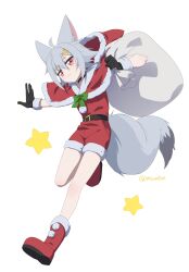  1girl absurdres ahoge animal_ear_fluff animal_ears belt black_gloves boots bow bowtie capelet choker closed_mouth fox_ears fox_girl fox_tail full_body fur-trimmed_gloves fur_trim gloves grey_hair hair_ornament hairclip highres holding holding_sack light_blush looking_at_viewer minowa_sukyaru miwa_kitsune-chan original pom_pom_(clothes) red_boots red_eyes red_shirt red_shorts sack santa_costume shirt short_hair shorts simple_background smile solo star_(symbol) tail twitter_username white_background 