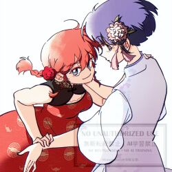  2girls blue_eyes blue_hair braid chinese_clothes cleavage_cutout closed_mouth clothing_cutout dress eyeshadow grey_dress hand_on_another's_shoulder hand_on_another's_wrist highres looking_at_viewer luuxiriver makeup multiple_girls ranma_1/2 red_dress red_eyeshadow red_hair saotome_ranma saotome_ranma_(female) short_hair single_braid smile tendou_akane watermark white_background wide_sleeves 