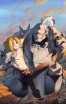  2boys ahoge alphonse_elric arm_over_shoulder arm_up armor belt blonde_hair blood blood_on_arm blood_on_chest blood_on_face breastplate broken carrying carrying_person closed_eyes closed_mouth collarbone edward_elric full_armor fullmetal_alchemist ghdwid helmet highres long_hair looking_at_another male_focus mechanical_arms multiple_boys one_knee outdoors pauldrons ponytail scar scratches shoulder_armor single_mechanical_arm smile smoke spiked_helmet spikes teeth topless_male vambraces white_eyes 