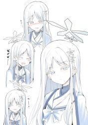  1girl blue_archive blue_kimono blush bow bowtie breasts closed_eyes commentary_request crying flower grey_eyes hair_flower hair_ornament halo japanese_clothes kimono kimono_on_shoulders long_hair looking_at_viewer multiple_views nagusa_(blue_archive) open_mouth parted_bangs sailor_collar sen_(astronomy) shirt sidelocks small_breasts very_long_hair white_hair white_sailor_collar white_shirt 