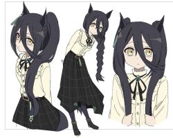  1girl alternate_hairstyle animal_ears belt bib_collar black_boots black_hair black_pantyhose black_skirt boots bow bowtie braid buttons closed_mouth earrings full_body hair_between_eyes holding_own_hair horse_ears horse_girl horse_tail jewelry leaning_forward long_hair long_hair_between_eyes looking_at_viewer manhattan_cafe_(umamusume) multiple_views official_alternate_costume pantyhose shirt single_braid single_earring skirt skkurr119 tail twintails umamusume upper_body white_background yellow_eyes yellow_shirt 