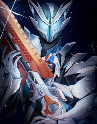 1boy armor black_background black_bodysuit bodysuit breakam_buster gun helmet highres holding holding_gun holding_weapon kamen_rider kamen_rider_nox kamen_rider_zeztz_(series) male_focus nox_driver solo stella_04_02 tokusatsu upper_body weapon white_armor