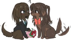  ? animal animal_focus animalization black_sweater blue_eyes blush bouquet bow bowtie brown_dog brown_eyes brown_hair closed_mouth clothed_animal commentary dog english_commentary eye_contact face-to-face green_necktie idolmaster idolmaster_cinderella_girls long_hair long_sleeves looking_at_another mahoxyshoujo necktie no_humans one_side_up raised_inner_eyebrows red_bow red_bowtie shibuya_rin shimamura_uzuki sitting sweater tail tail_wagging yuri 