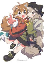  2girls ahoge animal_collar animal_ear_fluff animal_ears aqua_shoes bag black_hat black_shoes black_shorts blue_eyes brown_hair cat_tail cheek-to-cheek collar commentary_request dog_ears dog_tail fangs fish_skeleton_hat_ornament gauze gauze_on_leg green_eyes grey_hair hair_ornament hairclip hat heads_together highres kipfel_(vrchat) layered_sleeves long_sleeves loose_socks mamehinata multiple_girls one_eye_closed open_mouth pleated_skirt reaching reaching_towards_viewer shoes short_over_long_sleeves short_sleeves shorts simple_background skirt sleeves_past_fingers sleeves_past_wrists socks sweater_vest tail vrchat white_background yabachi_3 