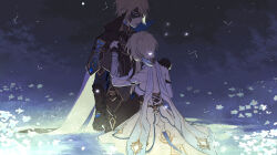  1boy 1girl arm_armor black_cape black_mask blonde_hair blue_cape blue_mask blue_trim blunt_ends cape collared_cape crystal_hair_ornament dainsleif_(genshin_impact) dress eye_mask feather_hair_ornament feathers flower genshin_impact gloves hair_ornament half_eye_mask half_mask high_collar highres lumine_(genshin_impact) majunjuu mask mystical_high_collar partially_fingerless_gloves romper scarf short_hair_with_long_locks two-sided_cape two-sided_fabric white_dress white_flower white_romper white_scarf 