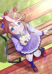  1girl animal_ears blue_eyes blush bow bowtie brown_hair brown_shoes commentary_request cup disposable_cup drinking_straw drinking_straw_in_mouth hair_between_eyes high_ponytail holding holding_cup horse_ears horse_girl long_hair long_sleeves looking_at_viewer multicolored_hair on_bench pleated_skirt ponytail purple_sailor_collar purple_serafuku purple_shirt purple_skirt purple_socks sailor_collar sailor_shirt school_uniform serafuku shirt shoes single_hair_streak sitting skirt socks solo streaked_hair tokai_teio_(umamusume) tracen_school_uniform two-tone_hair umamusume white_bow white_bowtie white_hair white_streaks yoshiharu_izumi 